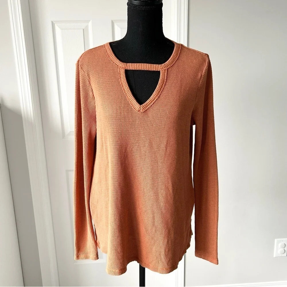 Anthropologie T.La Waffle Knit V Neck Keyhole Long Sleeve Shirt Top